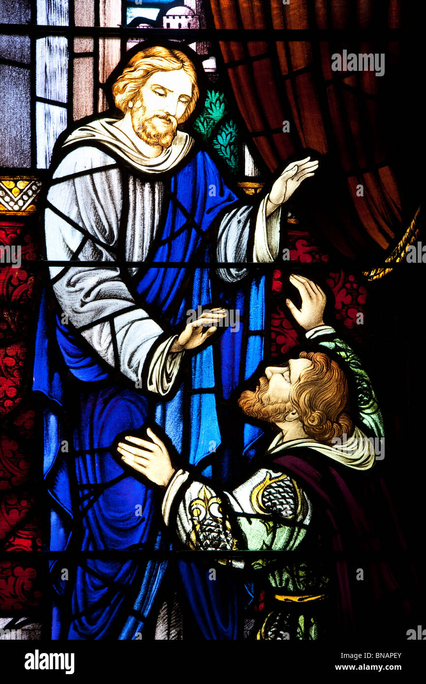 Détail d'une sélection de vitraux religieux dans l'église anglicane St. Paul's à Halifax, en Nouvelle-Écosse. Banque D'Images