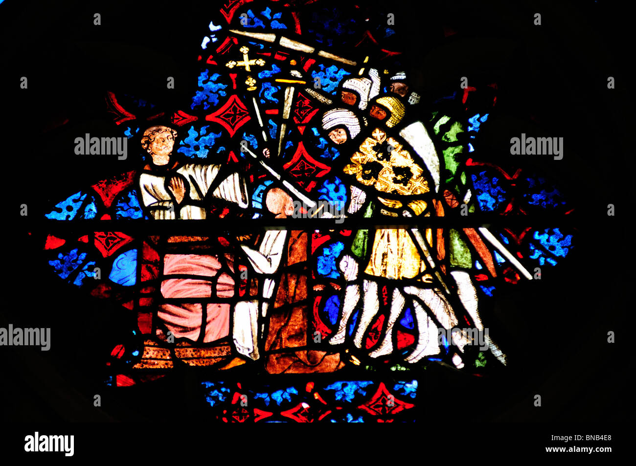 Détail de la fenêtre présentant le Becket le martyre de l'archevêque Thomas Becket, Cathédrale Christ Church, Oxford, England, UK Banque D'Images