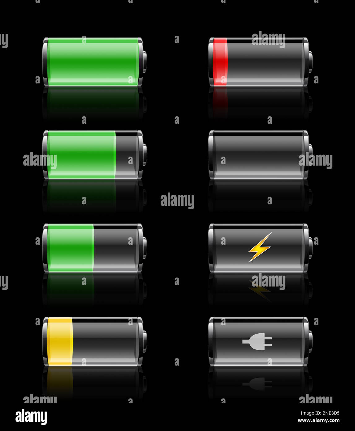 Les batteries avec diverses accusations de pleine charge à vide, sur un fond noir avec des reflets. Banque D'Images
