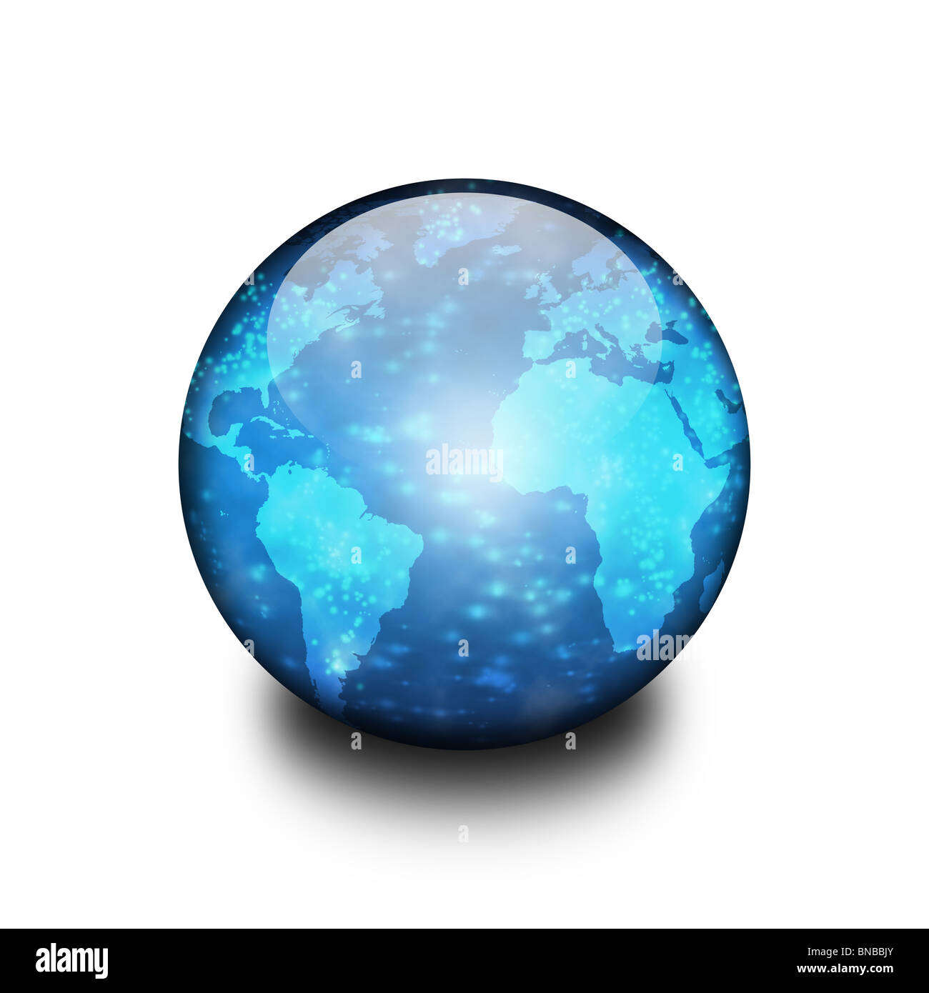 Globe en verre bleu brillant de la planète terre sur un fond blanc. Banque D'Images