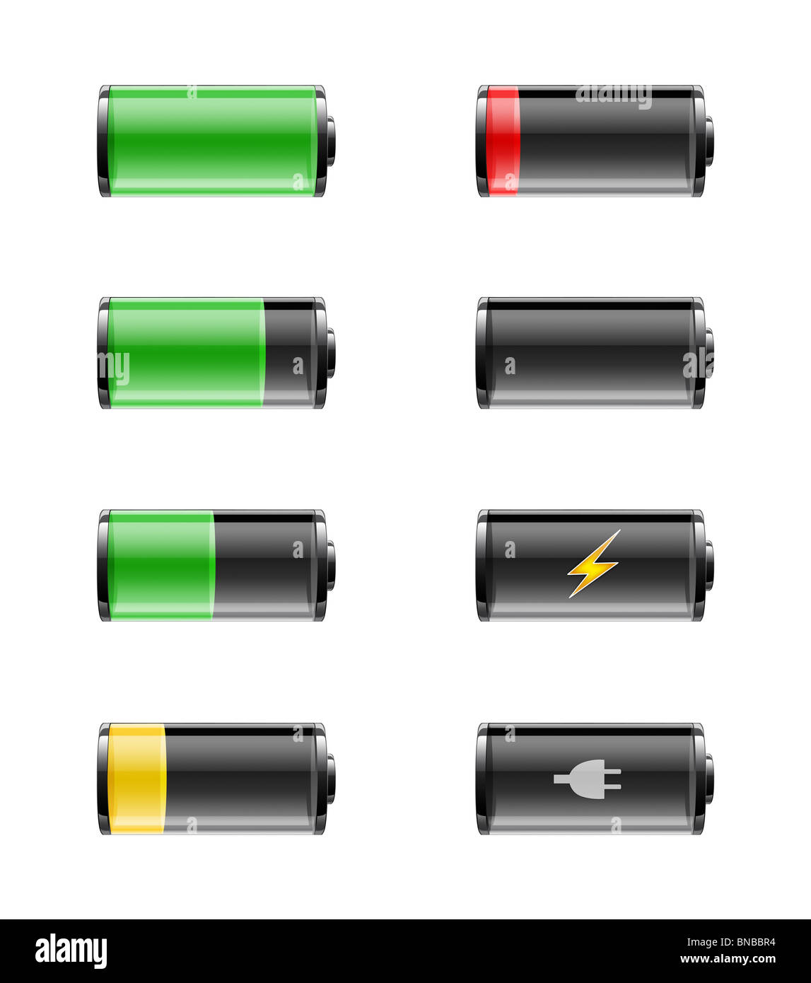 Les batteries avec diverses accusations de pleine charge à vide, sur un fond blanc avec chemin de détourage. Banque D'Images