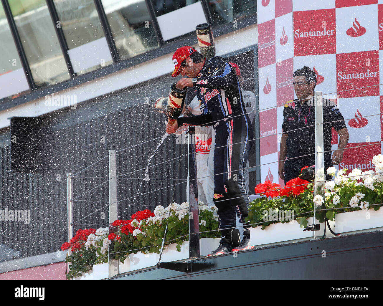 Lewis Hamilton et Mark Webber sur le podium à la fin de la British Formula 1 Grand Prix 11 Juillet 2010 Banque D'Images