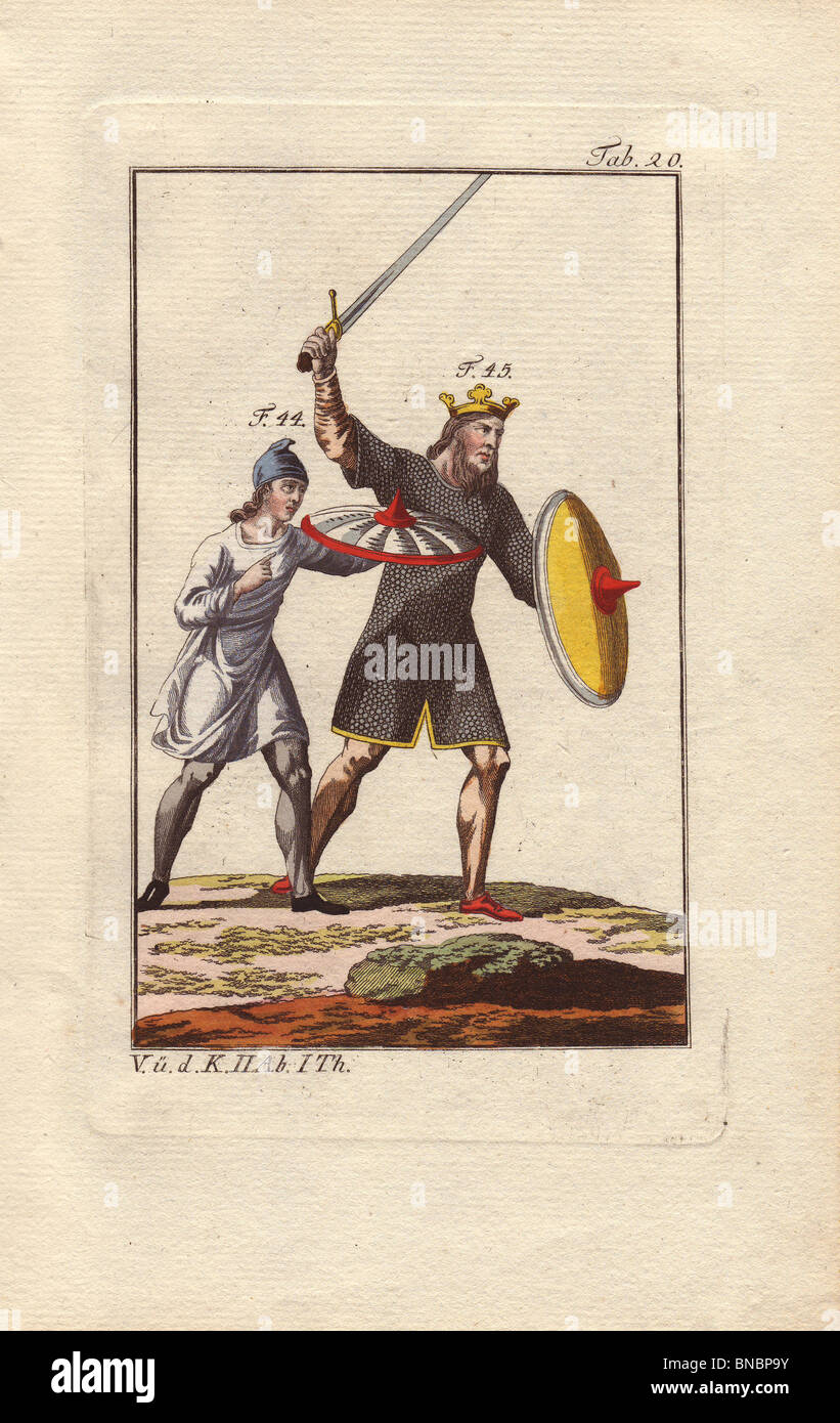 Le roi anglo-saxon au combat portant une couronne et une chaîne de longueur genou-mail ('tunique lorica'), une armure réservé à image Banque D'Images