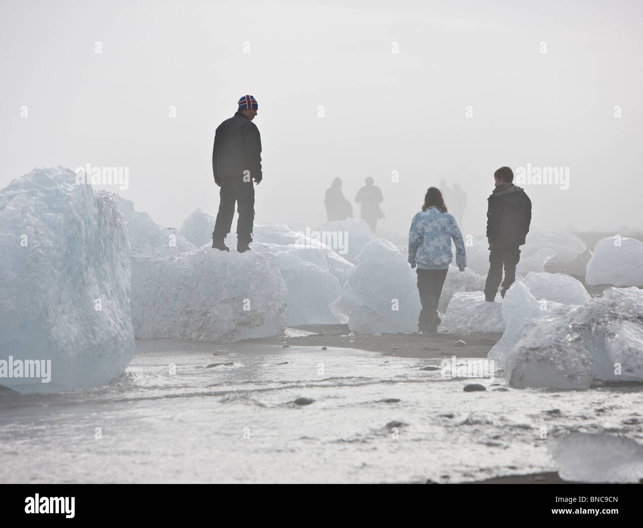 Formations de glace sur la plage de sable noir de Glacier Breidamerkurjokull, calotte de glace, l'Islande Vatnajokull Banque D'Images Formations de glace sur la plage de sable noir de Glacier Breidamerkurjokull, calotte de glace, l'Islande Vatnajokull Banque D'Images