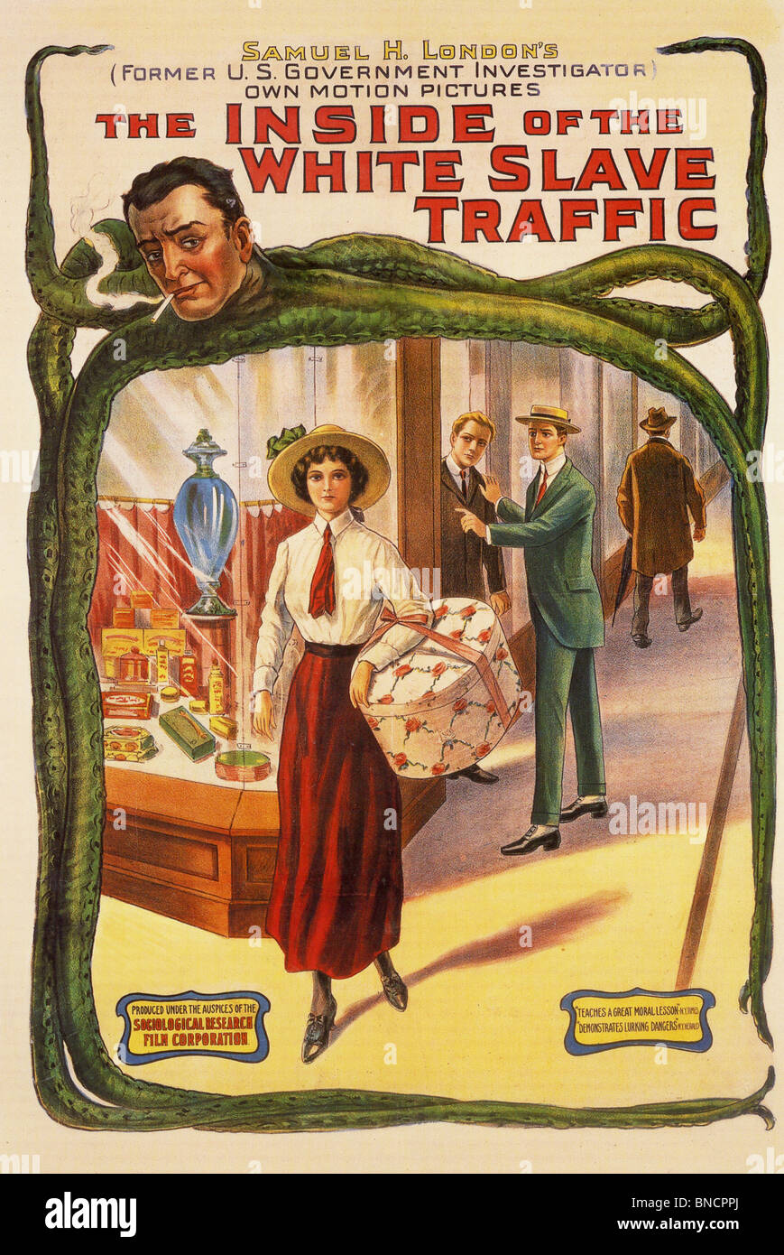 L'INTÉRIEUR DE LA TRAITE DES BLANCHES, affiche pour 1913 la production de l'entreprise Film Moral Banque D'Images