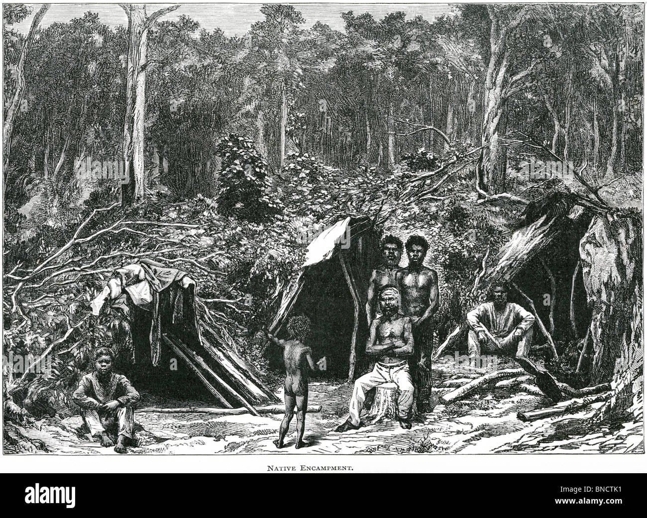 Une gravure intitulée 'Native campment' - publiée dans un livre sur l'Australie imprimé en 1886. Je pensais libre de droits d'auteur. Banque D'Images