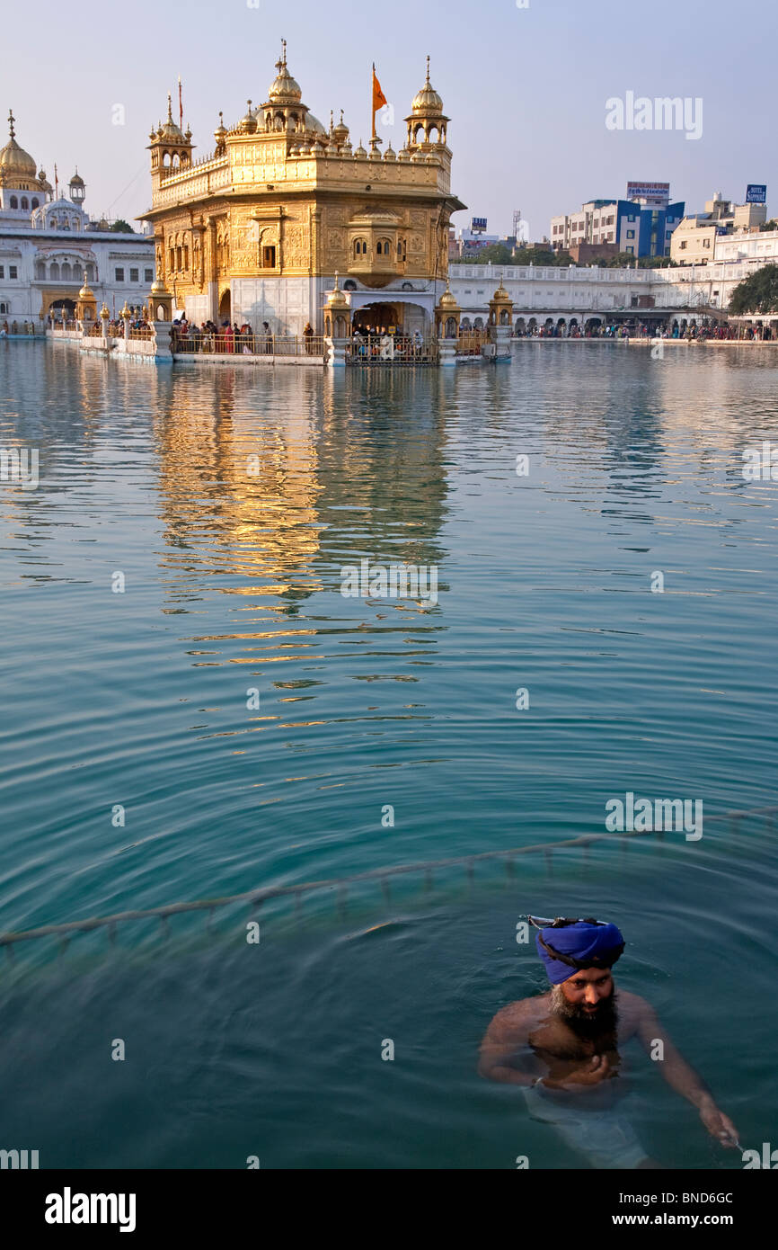 Homme Sikh se baigner dans le bassin sacré. Le Temple d'or. Amritsar. Punjab. L'Inde Banque D'Images