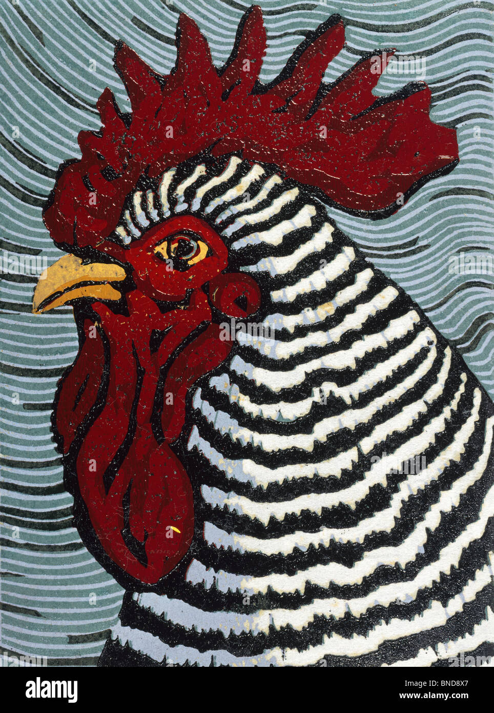 Coq par Barry Wilson, woodcut Print, (né en 1929) Banque D'Images
