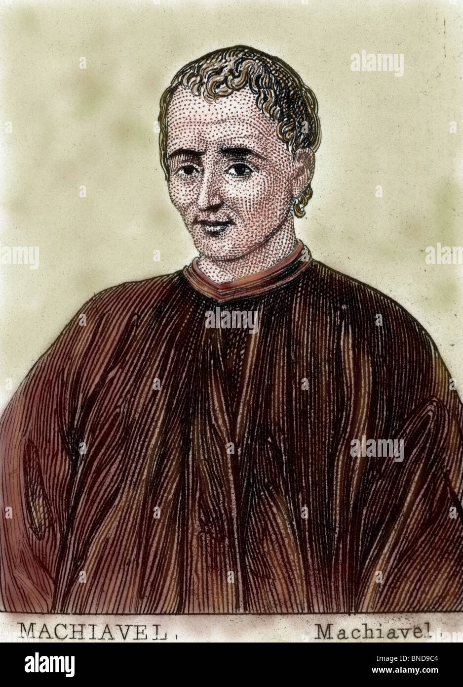 Machiavelli, Niccolò (Florence, 1469-Florence, 1527). L'écrivain et homme d'État italien. Gravure en couleur. Banque D'Images