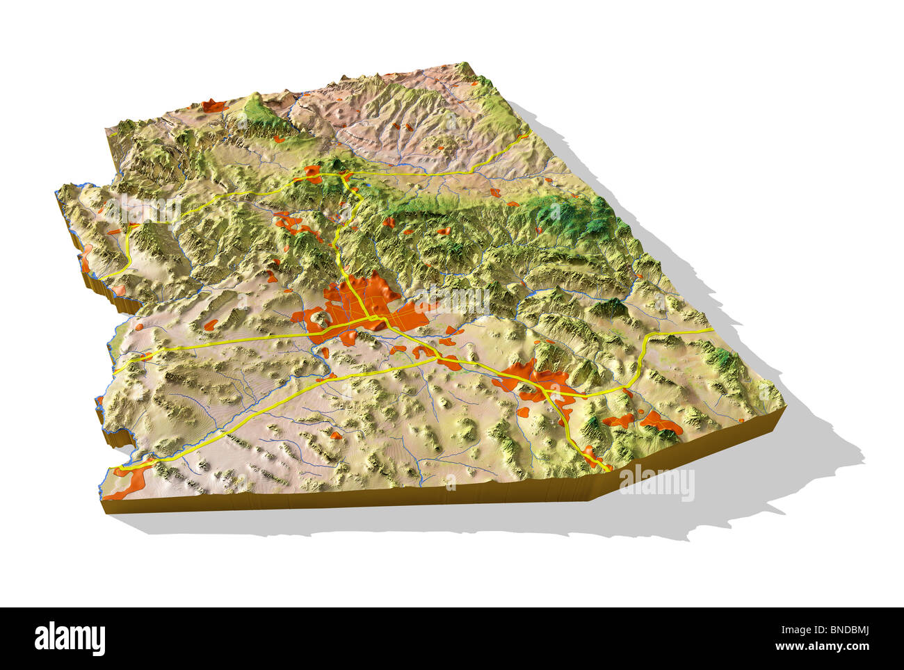 Arizona, 3D Carte en relief la découpe avec les zones urbaines et les autoroutes. Banque D'Images