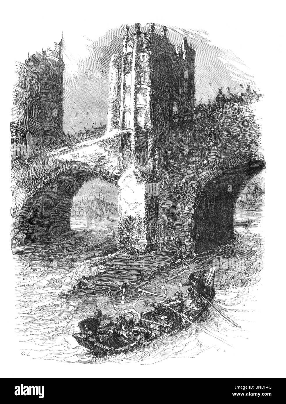 Illustration en noir et blanc de la reine Eleanor de Provence au London Bridge, frappée par des rochers, de la boue et des œufs pourris d'en haut. 1263 Banque D'Images