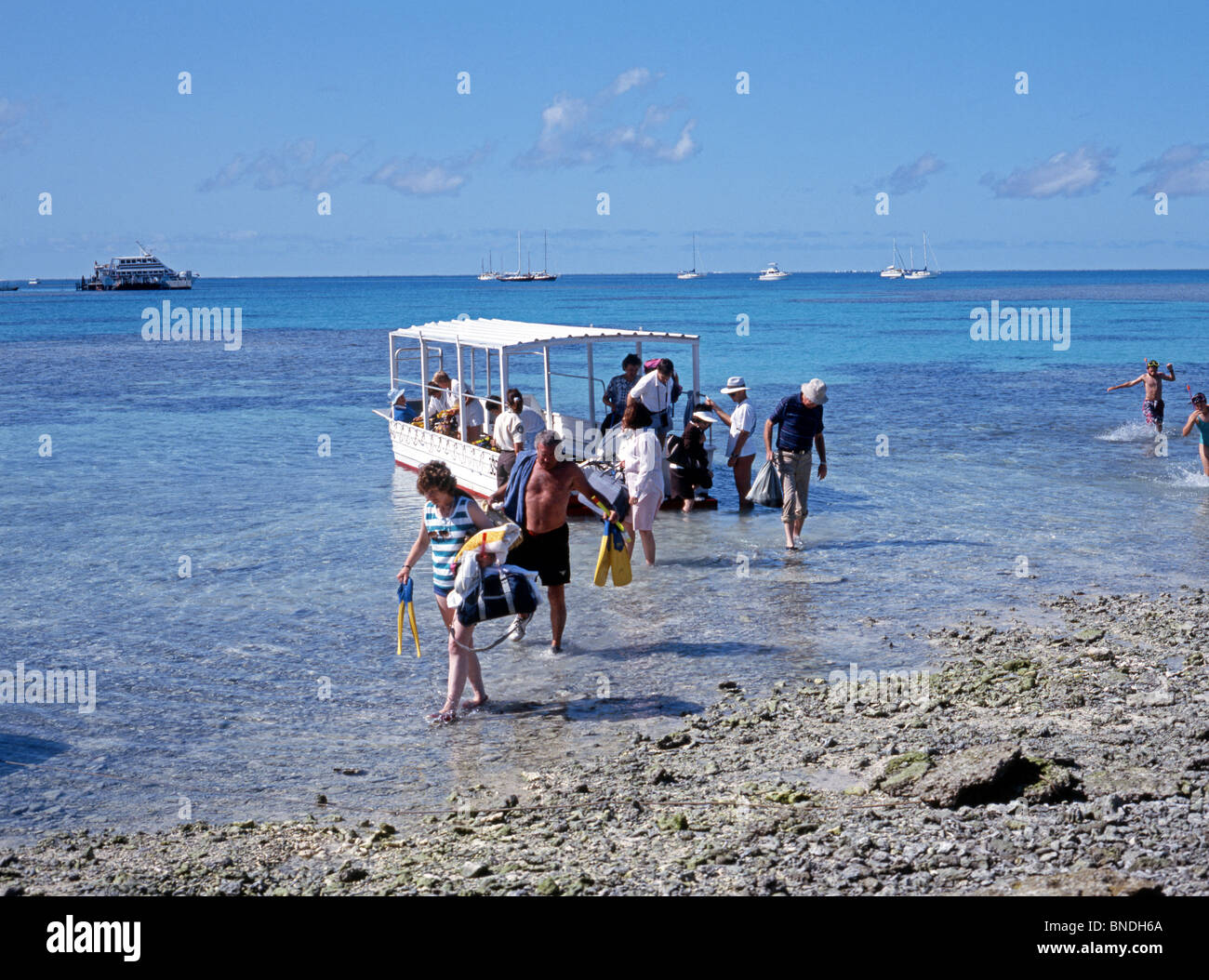 Les touristes sur l'île Lady Musgrave, rivage, Capricorne Cays National Park, Grande Barrière de corail, Queensland, Australie. Banque D'Images