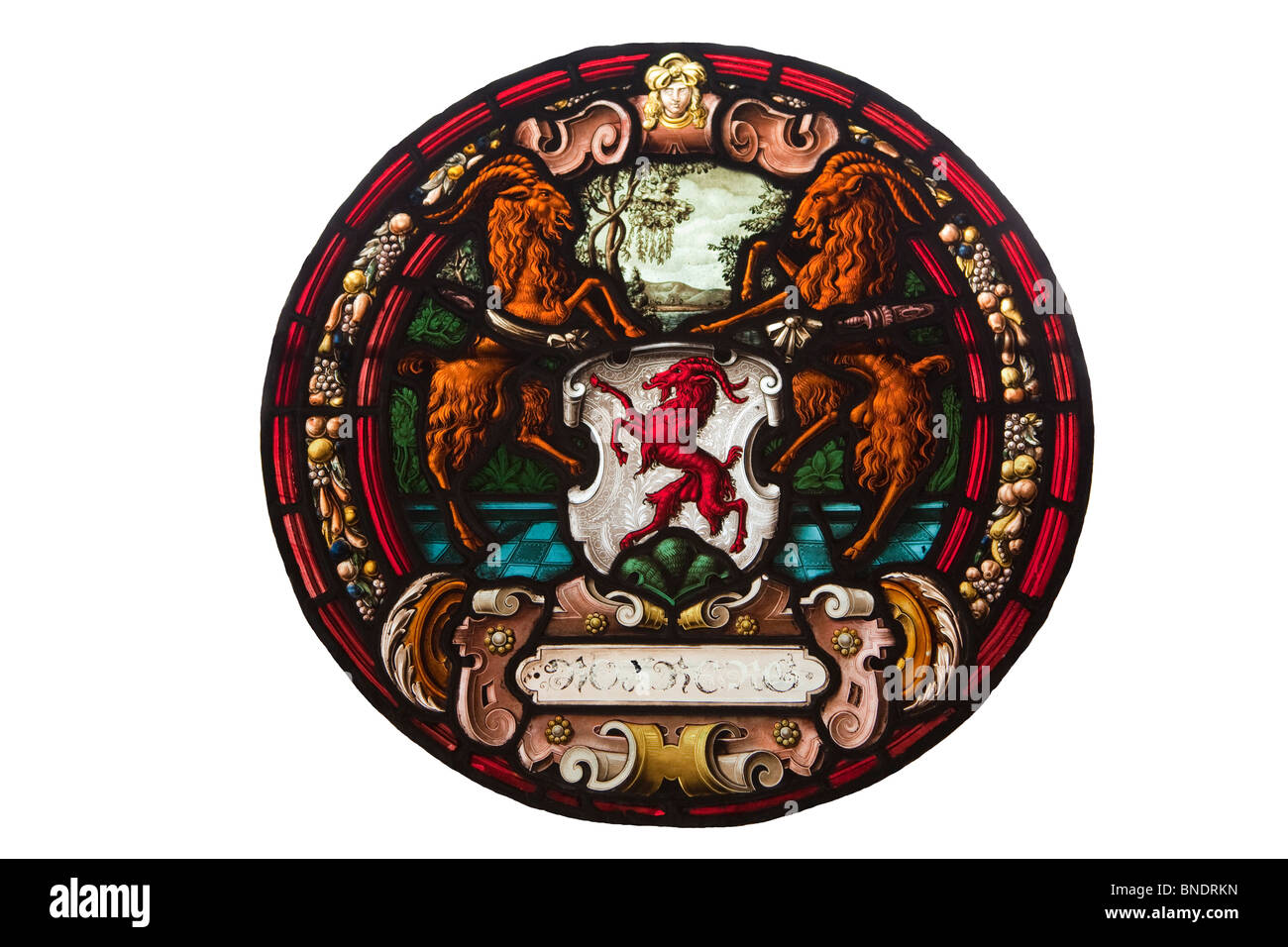 Cut-out d'un vitrail médiéval historique illustrant l'article béliers emblème familial de : hall d'attraction célèbre château d'Heidelberg Allemagne Banque D'Images