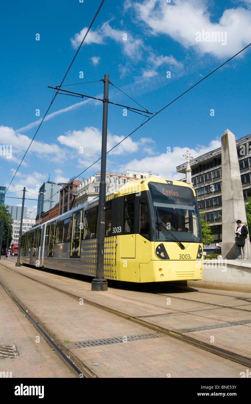 Les tramways tramway dans le grand Manchester uk centre ville transport transports publics systèmes Système de jalonnage Jalonnage façon lignes ligne Banque D'Images
