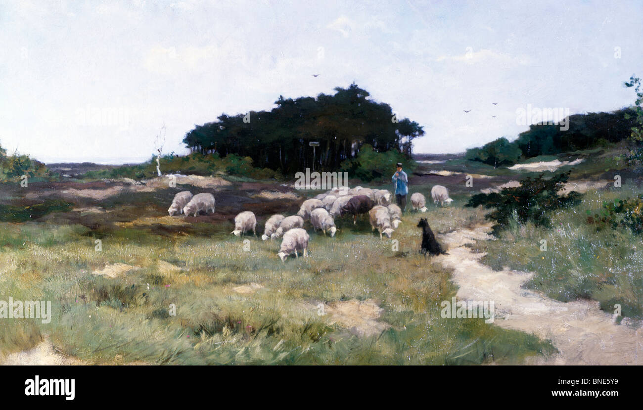 Paître le troupeau par Johann Sherewitz, huile sur toile, 19e siècle, USA, New York, Philadelphie, David David Gallery Banque D'Images