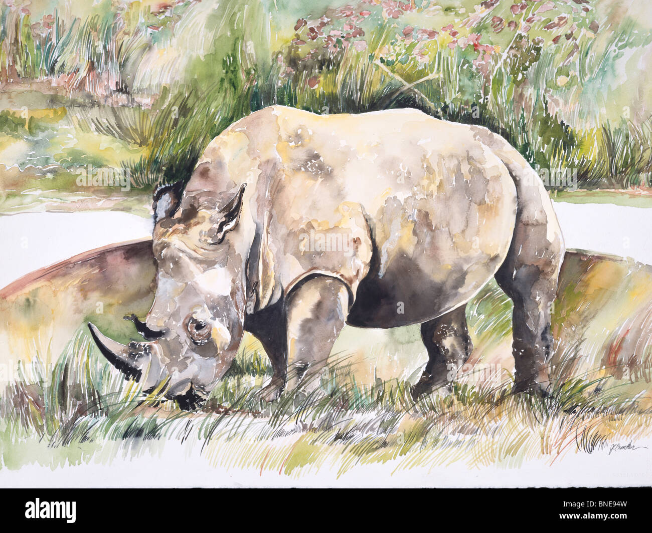 Afrique, Kenya, Safari, le rhinocéros par John Bunker, Aquarelle, 1996 Banque D'Images