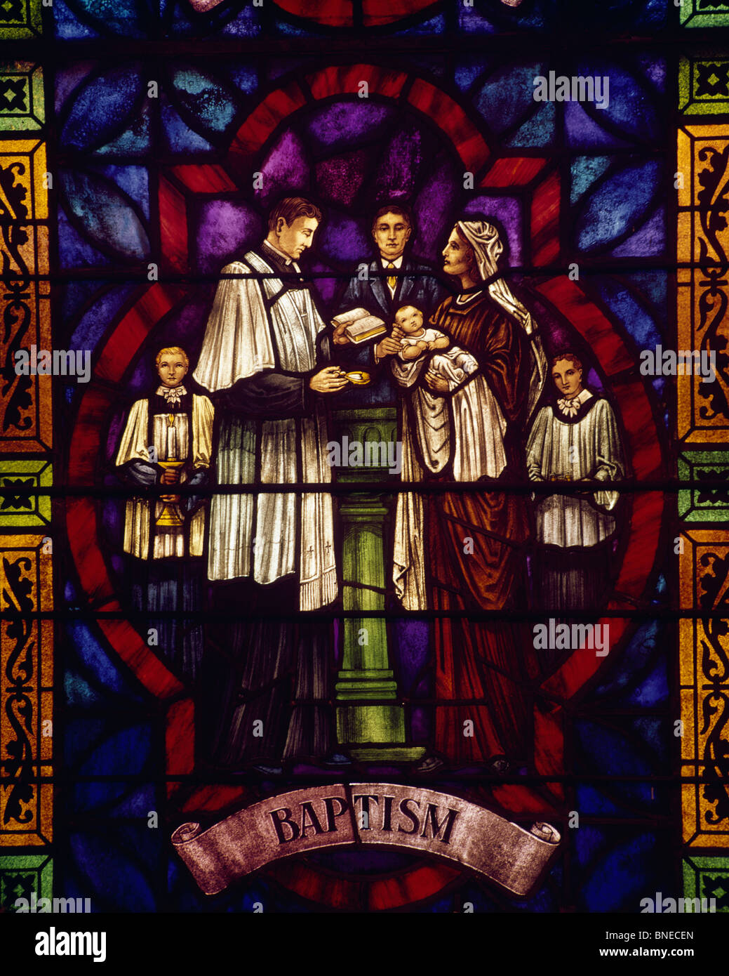 Le baptême, artiste inconnu, vitraux, USA, New York City, église Notre-Dame de Pompéi Banque D'Images
