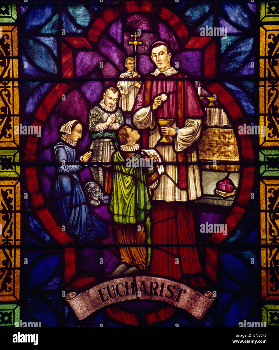 Eucharistie, artiste inconnu, vitraux, USA, New York City, église Notre-Dame de Pompéi Banque D'Images