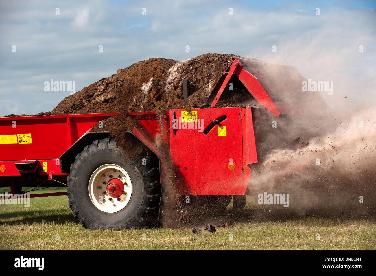 L'épandage du fumier de poulet fermier avec de la chaux mélangée prairie fraîchement récoltés sur Banque D'Images