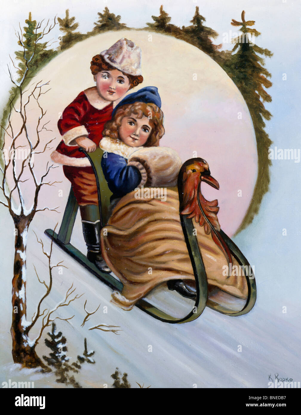 Les enfants sur un traîneau russe Konstantin Rodko (1908-1995) Banque D'Images