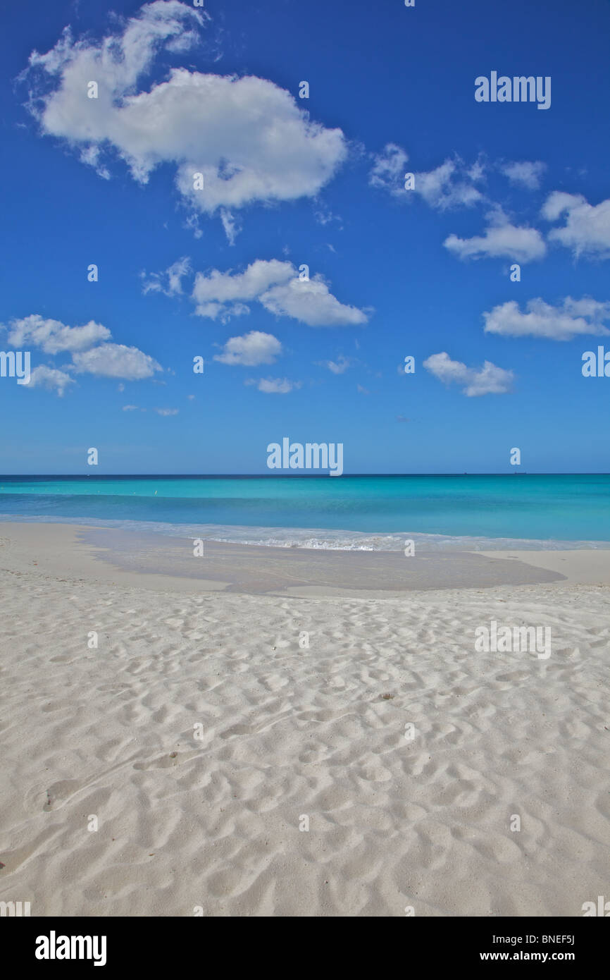 Des traces de pas dans le sable des Caraïbes avec l'océan bleu profond dans l'arrière-plan Banque D'Images