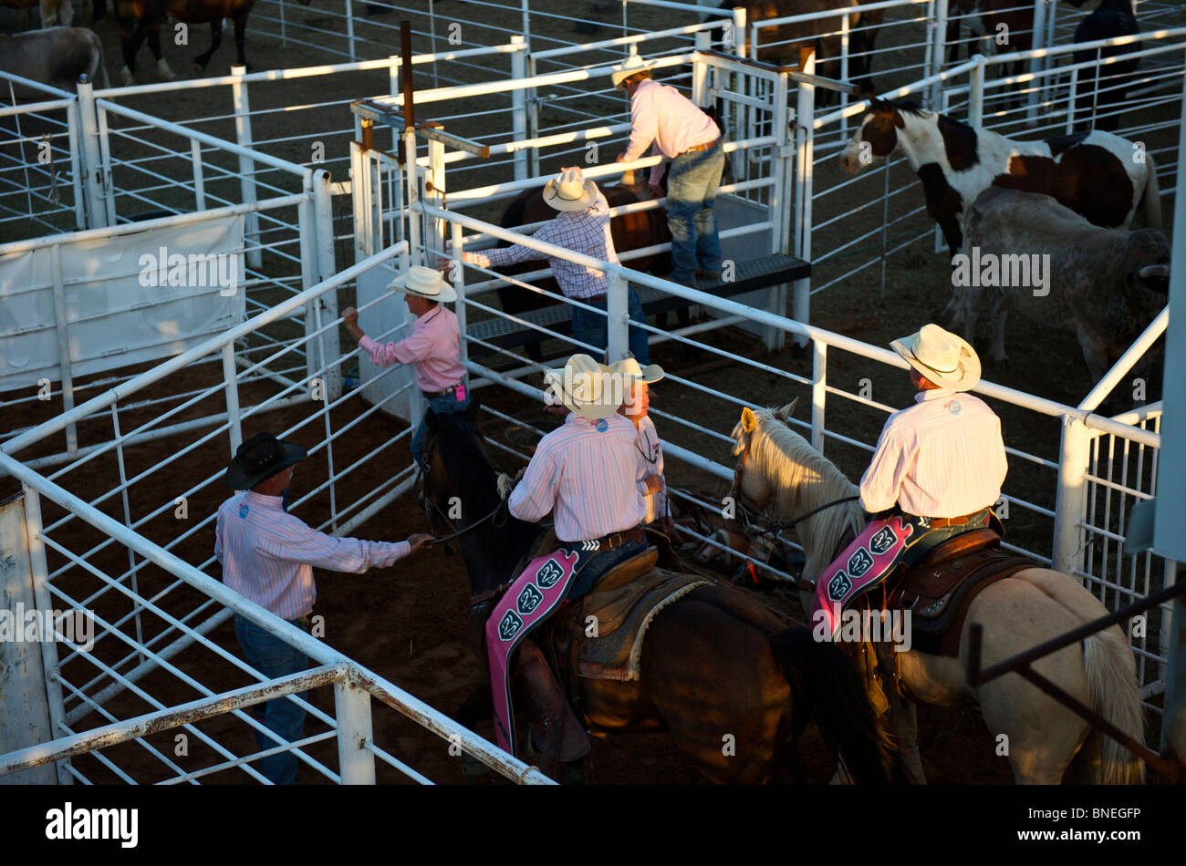 Les membres de l'érythroblastopénie Rodeo Cowboys backstage rodeo pour préparer à l'événement Petite-ville à Bridgeport, Connecticut, USA Banque D'Images