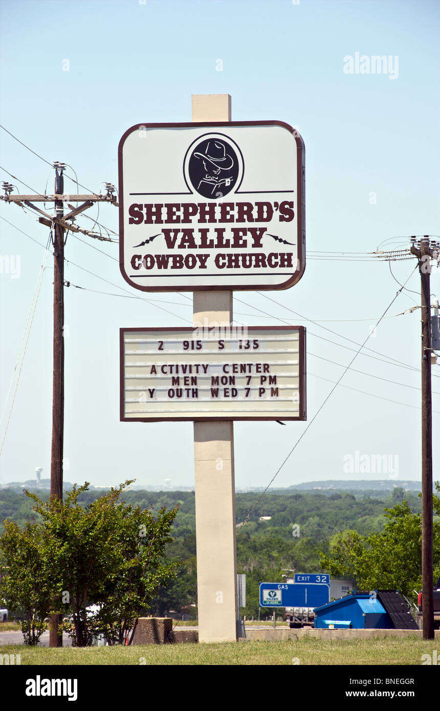 Cowboy Church Road sign, Bible belt, Texas, États-Unis Banque D'Images