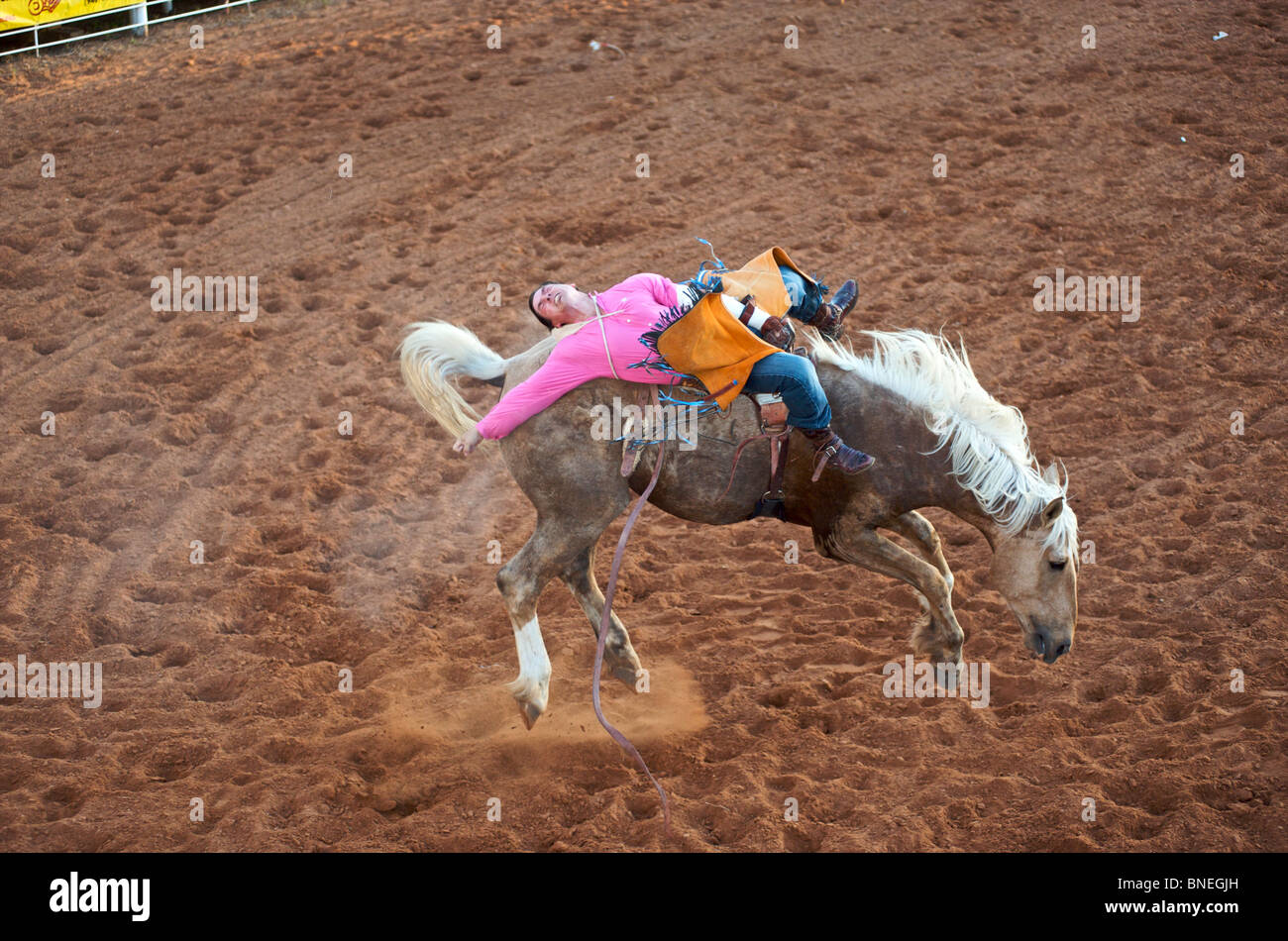 L'essayant de jeter Rodeo Cowboy membre de l'érythroblastopénie à partir de son retour à Petite-ville Bridgeport, Texas, États-Unis Banque D'Images