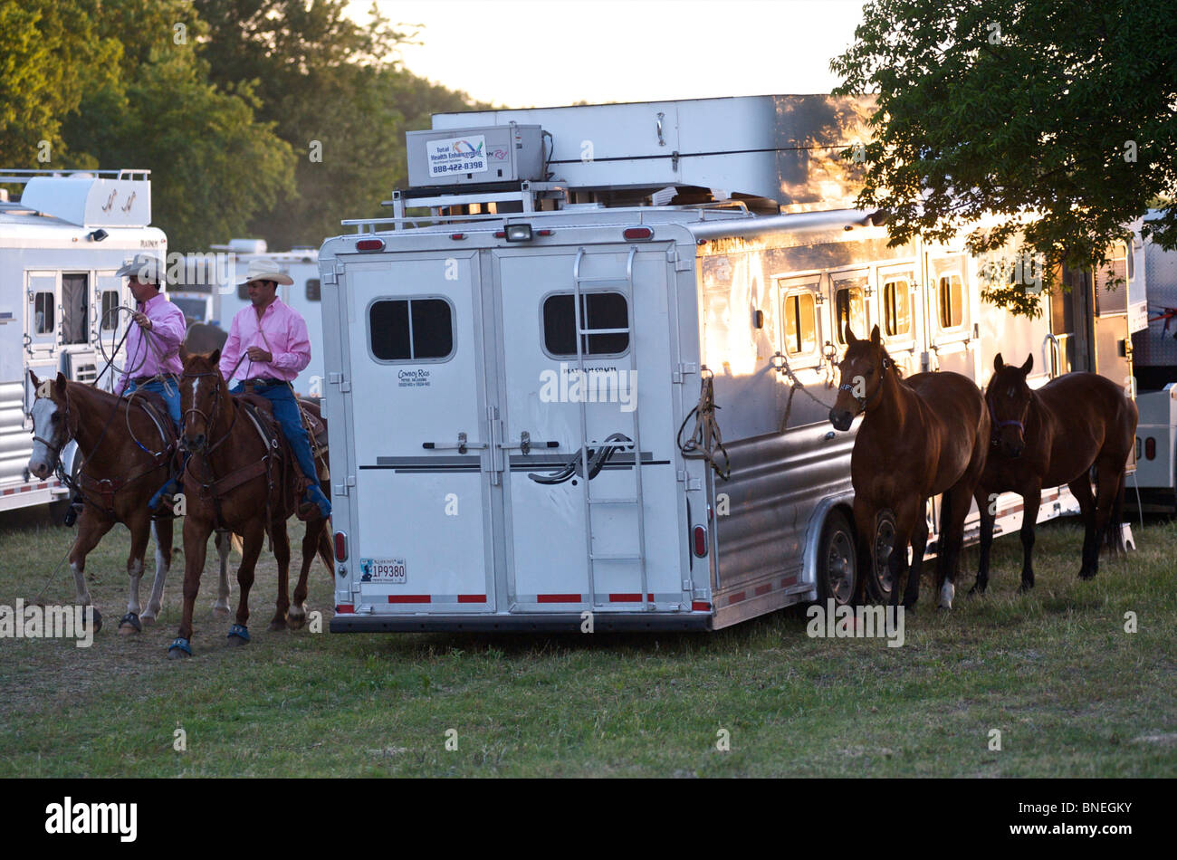 Les membres de l'érythroblastopénie Cowboy riding horses backstage rodeo au cas de Bridgeport, Connecticut, USA Banque D'Images