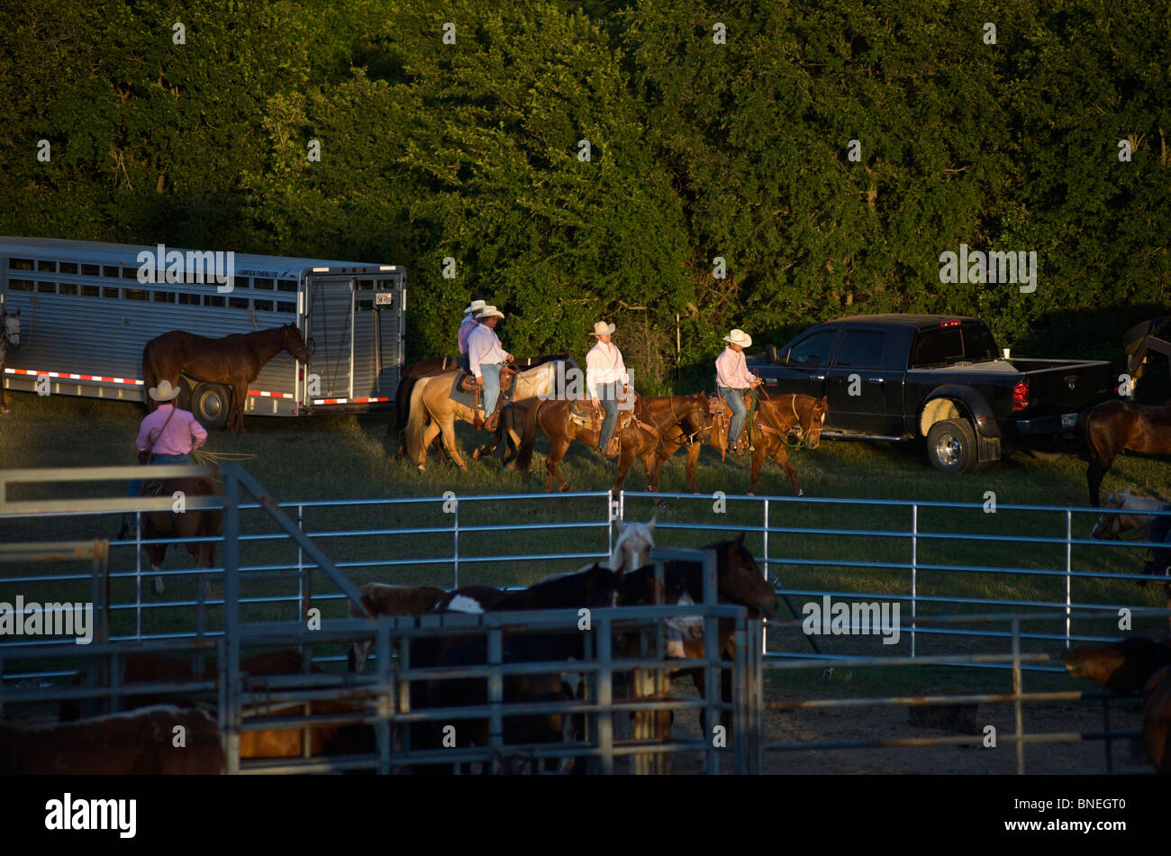 Les membres de l'érythroblastopénie Cowboy riding horses backstage rodeo au cas de Bridgeport, Connecticut, USA Banque D'Images