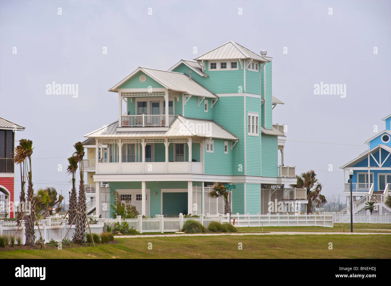 Maison en bois de couleur vert de mer l'architecture de Galveston, Texas, États-Unis Banque D'Images