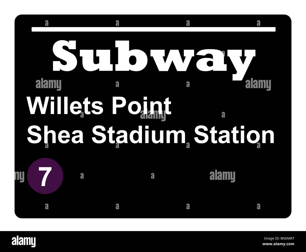 New York Point Willets Shay Stadium Subway train signe isolé sur fond noir. Banque D'Images New York Point Willets Shay Stadium Subway train signe isolé sur fond noir. Banque D'Images