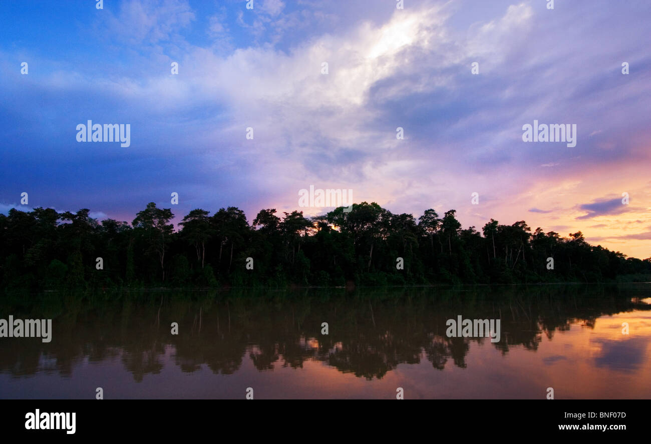 La rivière Kinabatangan au coucher du soleil, Sabah, Malaisie Banque D'Images
