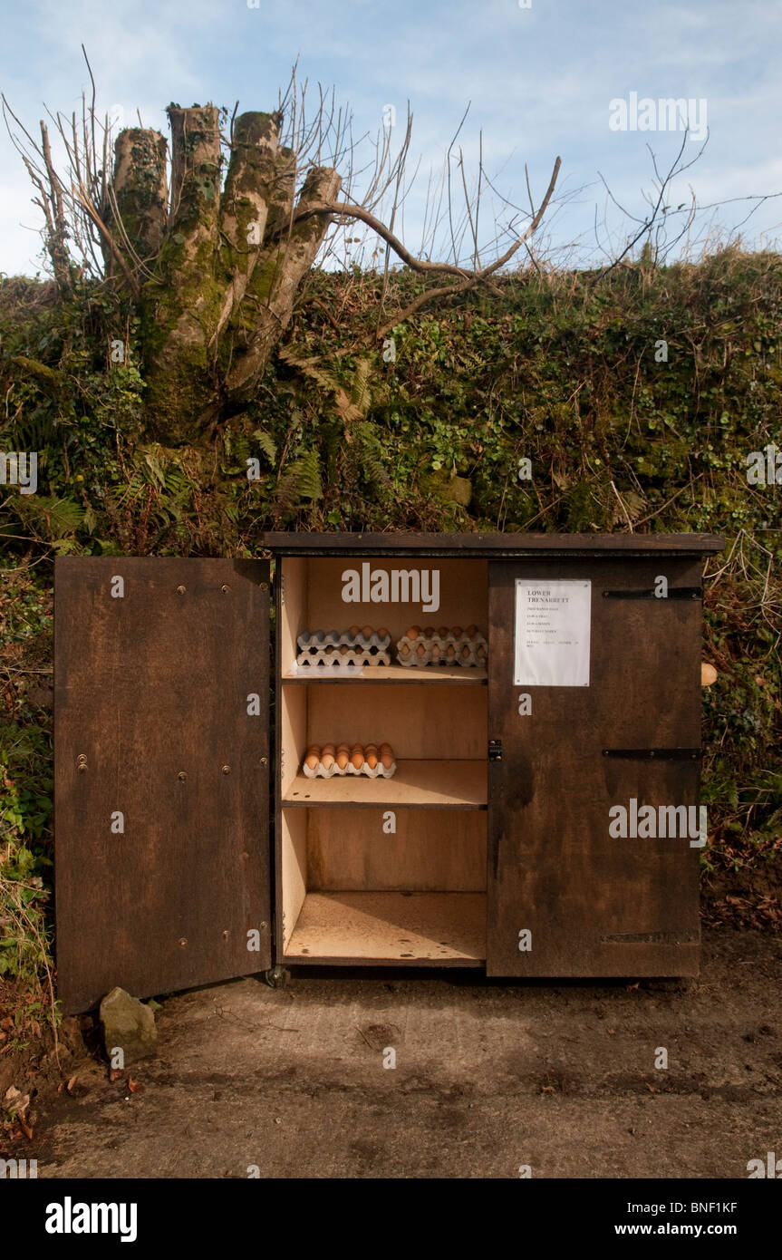 'L'honnêteté' oeufs à vendre près d'une route rurale à Cornwall. Banque D'Images