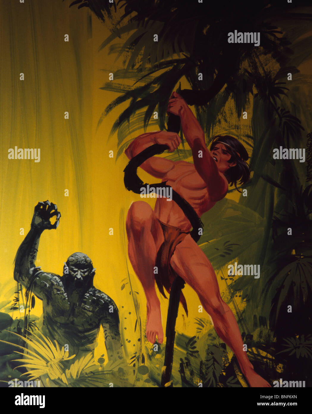 Tarzan swinging sur liana et monster courtiser Banque D'Images