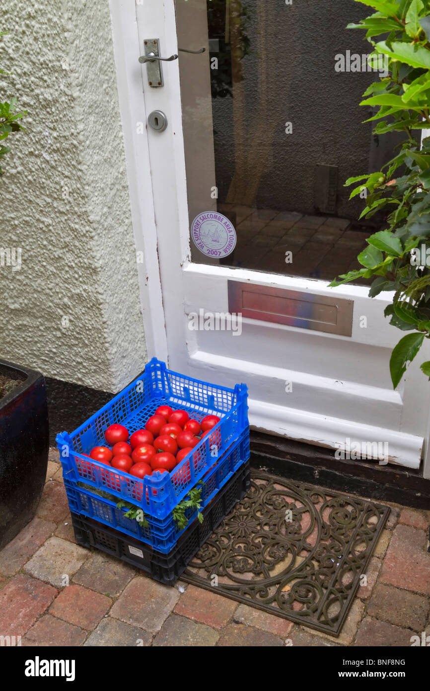Caisses de tomates et légumes frais livrés à un restaurant. Caisses en plastique bleu et noir ont été laissés à la porte. Banque D'Images