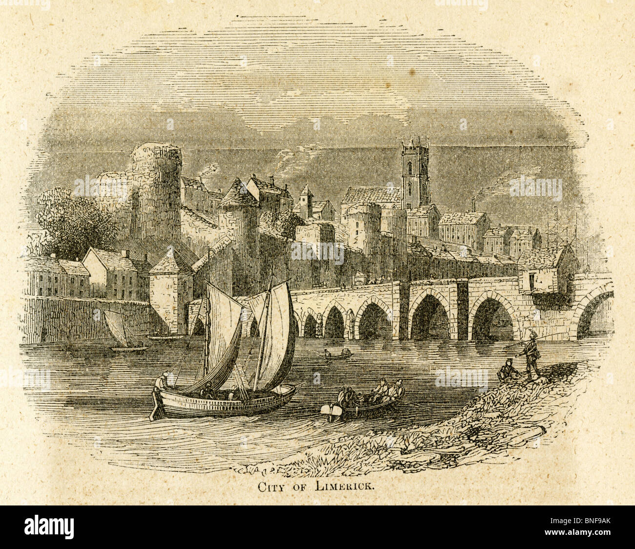 Circa 1850 gravure, "Ville de Limerick' avec King John's Castle sur la rivière Shannon. Banque D'Images