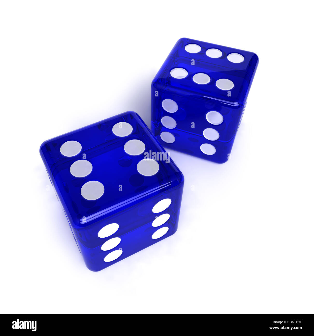 Deux semi-transparent, bleu avec le nombre de dés six sur eux Banque D'Images