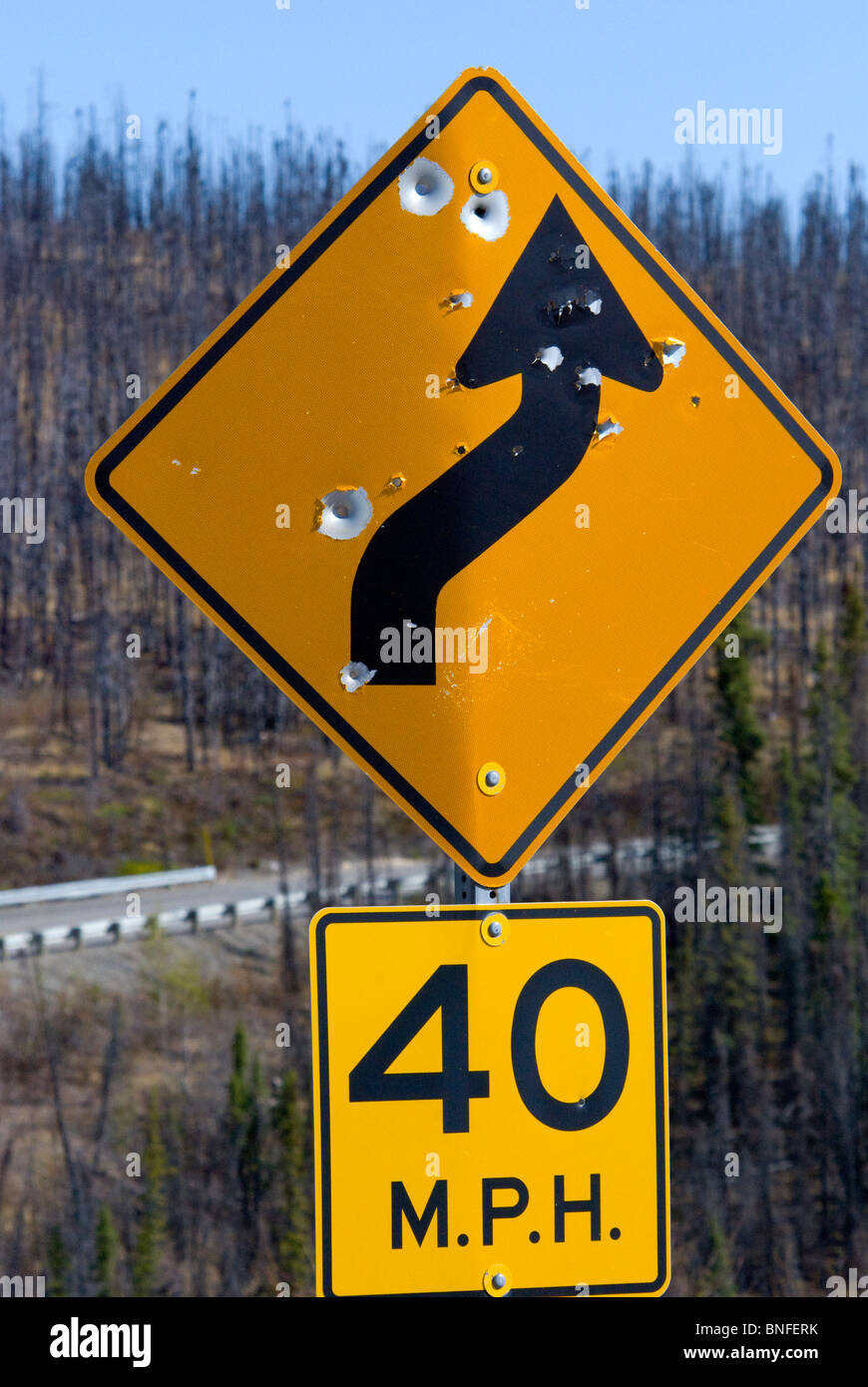 Criblé de balles signe de la circulation en dehors de l'Alaska États-unis Poulet Banque D'Images