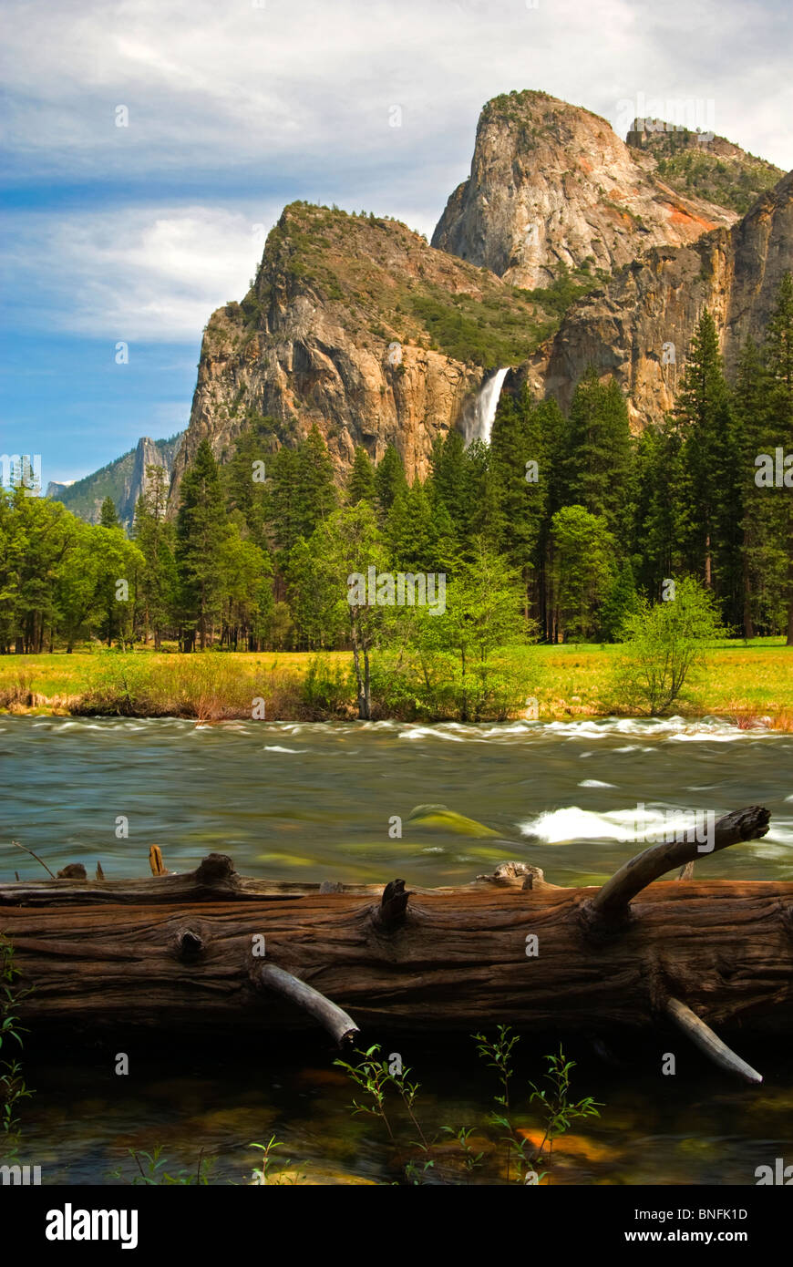 Yosemite National Park, Californie, Suite Nuptiale Vail tombe en panne vers le bas la montagne. Merced River passe par le journal Prairie en premier plan Banque D'Images