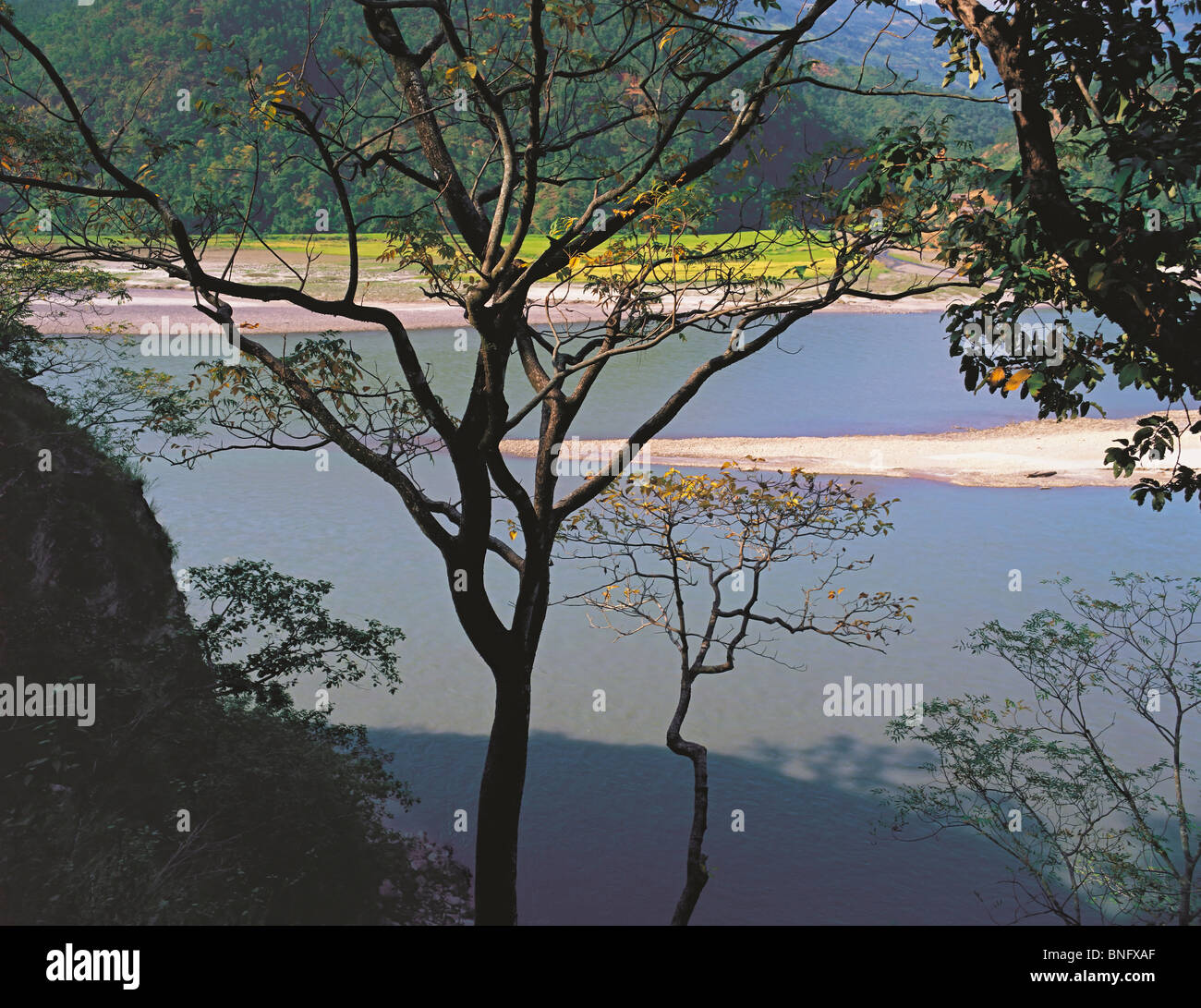 La large rivière Arun s'écoule à travers une large vallée bordée d'arbres dans la région de Kosi est du Népal Banque D'Images