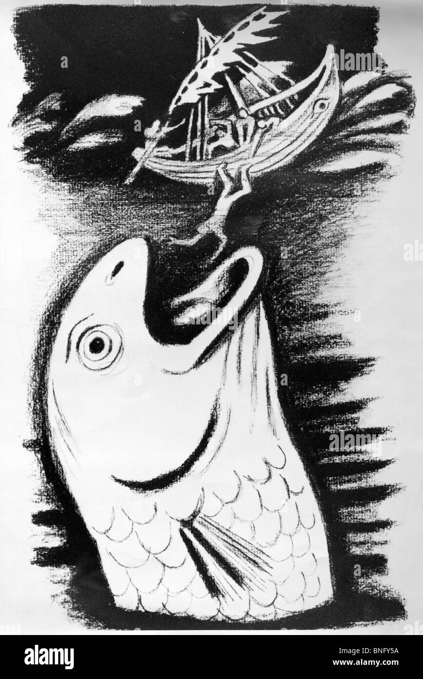 Jonas sentiment à Tarsis, est jeté dans la mer. Sa délivrance du poisson., par R. Seewald, imprimer Banque D'Images