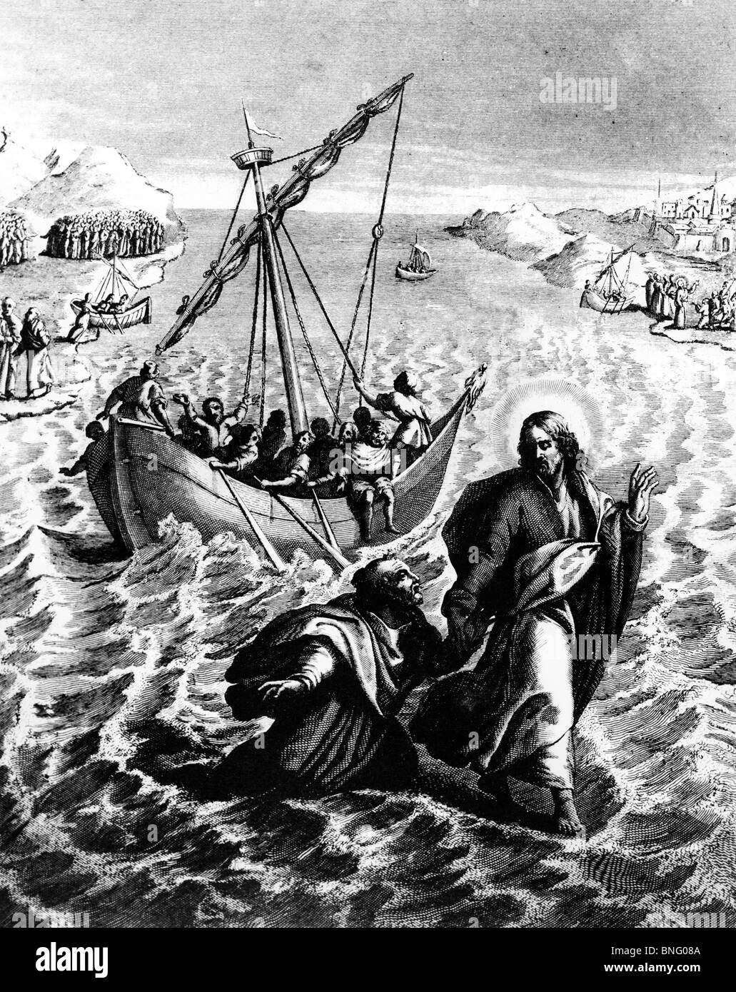 Jésus marche sur l'eau par Adolphe Rouargue, imprimer Banque D'Images