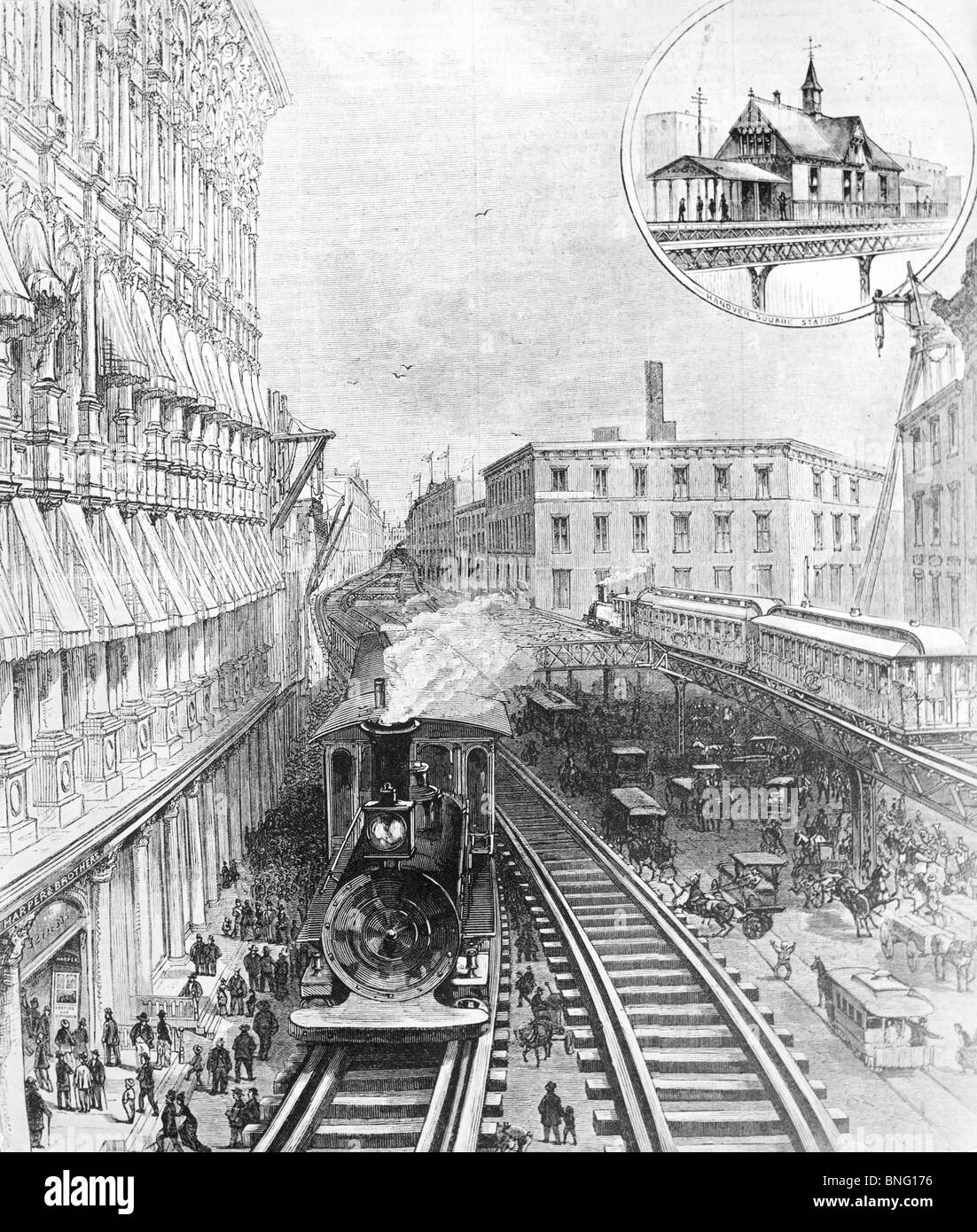 Les premiers trains L Steam-Driven passant sur Franklin Square par artiste inconnu, print, 1878 Banque D'Images