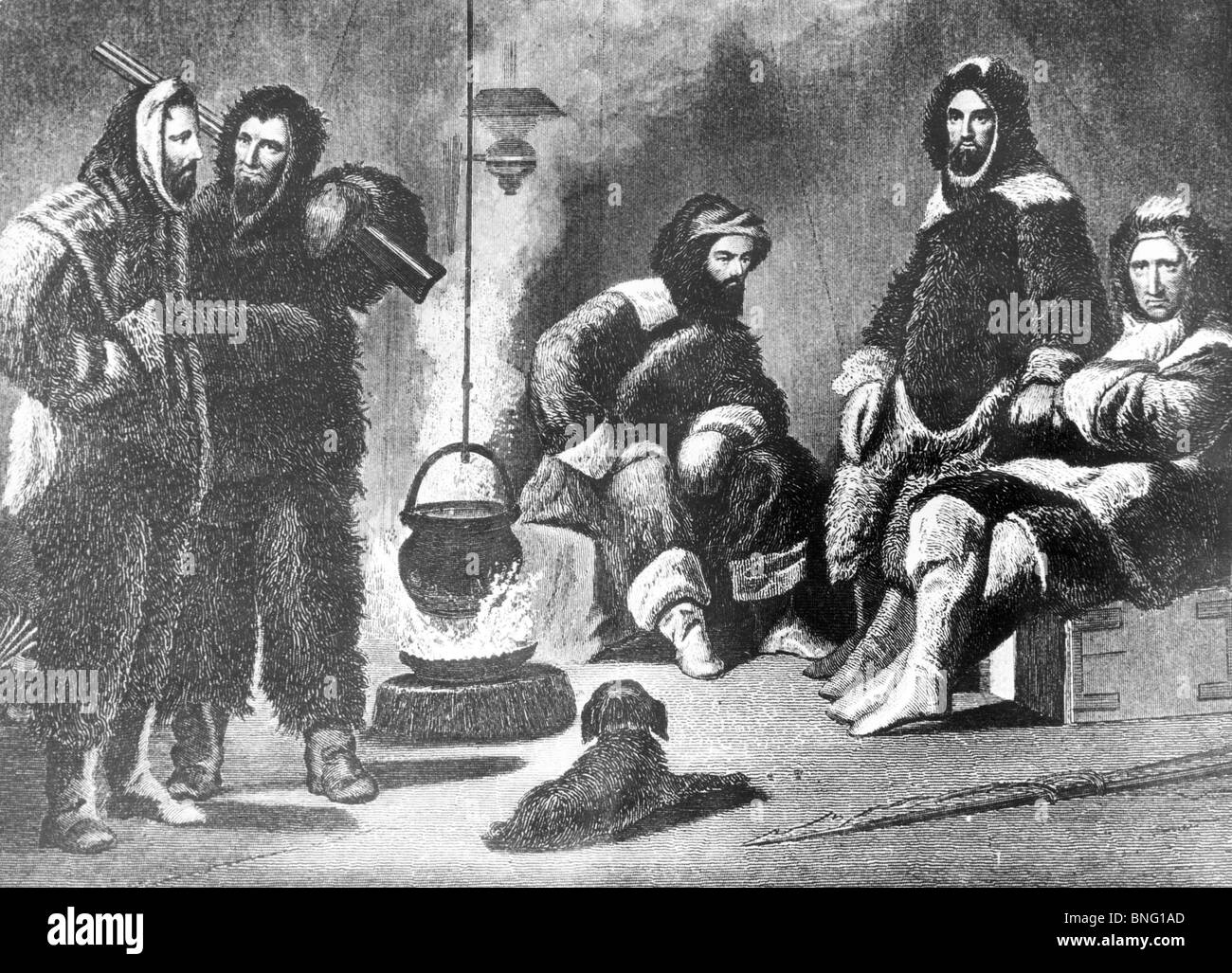 La 2ème expédition Grinnell dans leurs quartiers d'hiver (le Dr Kane est 3e de gauche) par un artiste inconnu, 1853 Banque D'Images