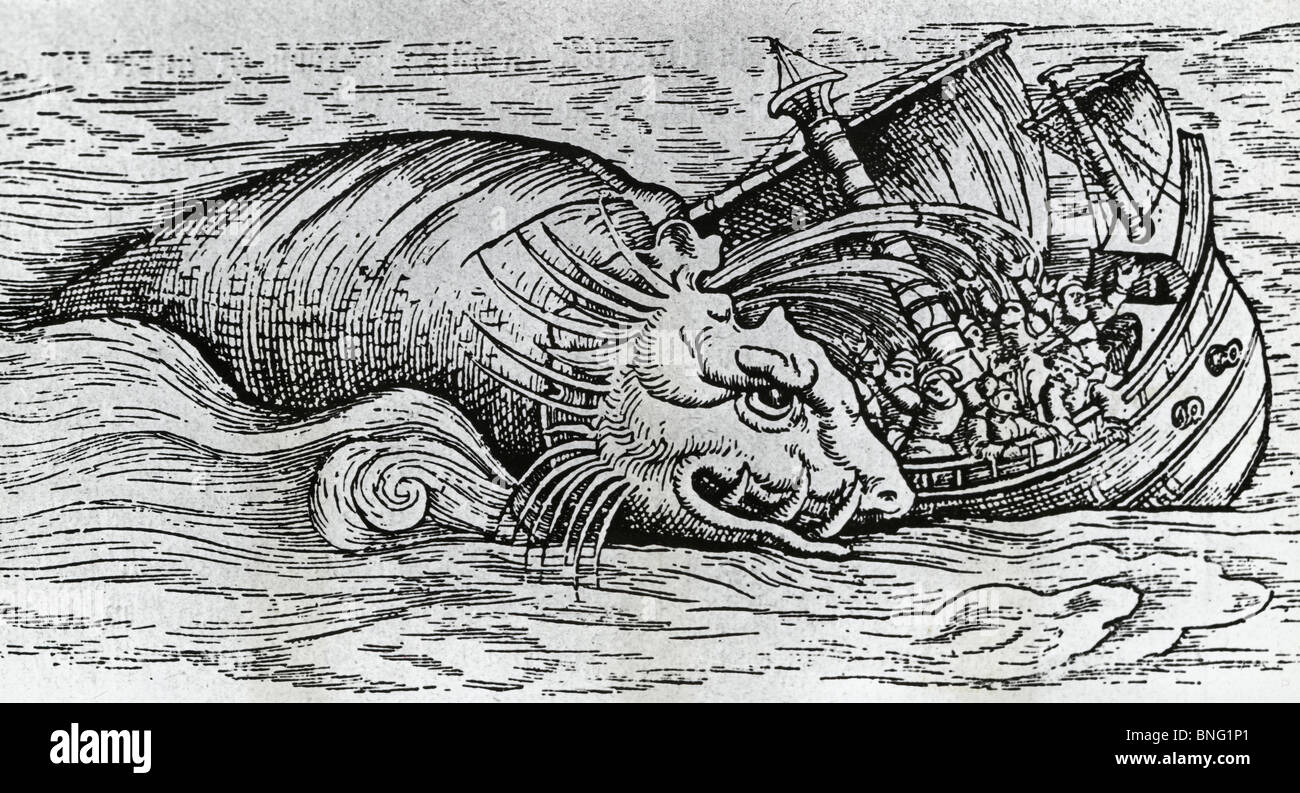 Serpent de mer d'attaquer un navire médiéval par artiste inconnu, imprimer Banque D'Images