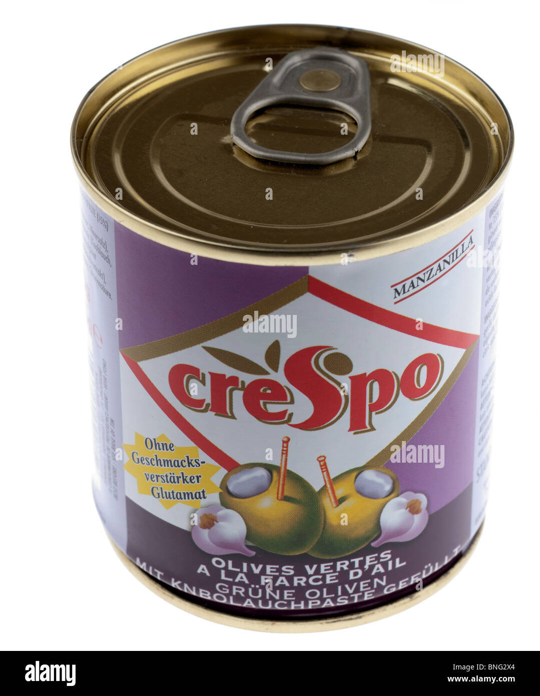 Tin d'olives Manzanilla Crespo Banque D'Images