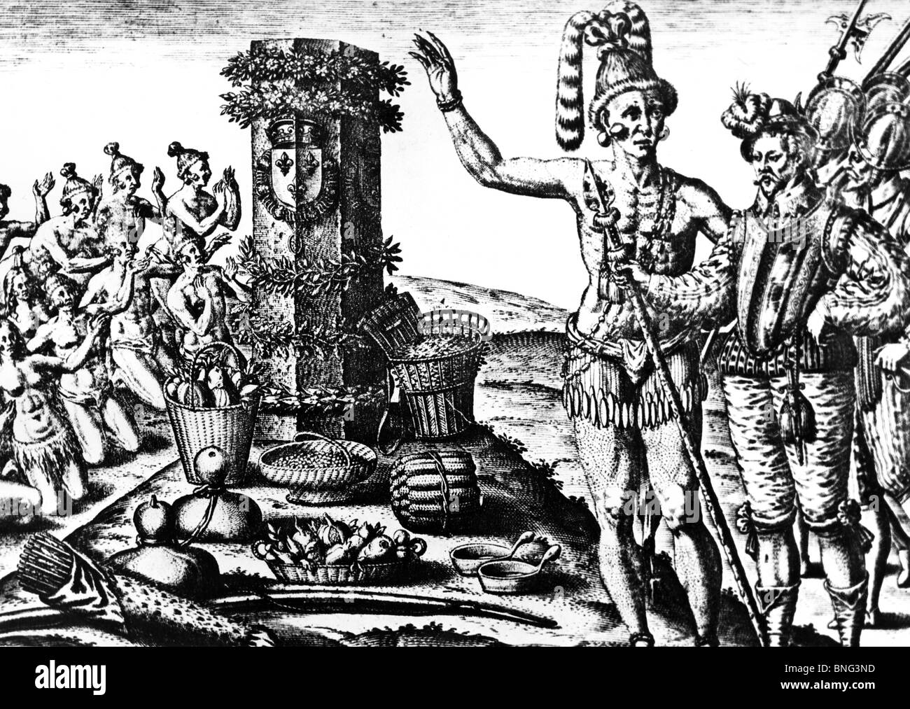 Réunion de colonisateurs espagnols au sud-amérindiens illustration historique Banque D'Images