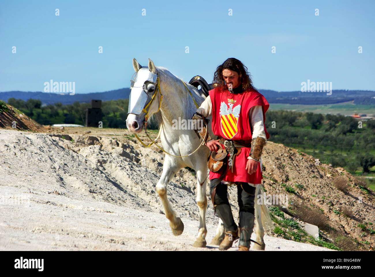 Reconstitution historique de la bataille de l'Atoleiros entre le Portugal et l'Espagne. Banque D'Images