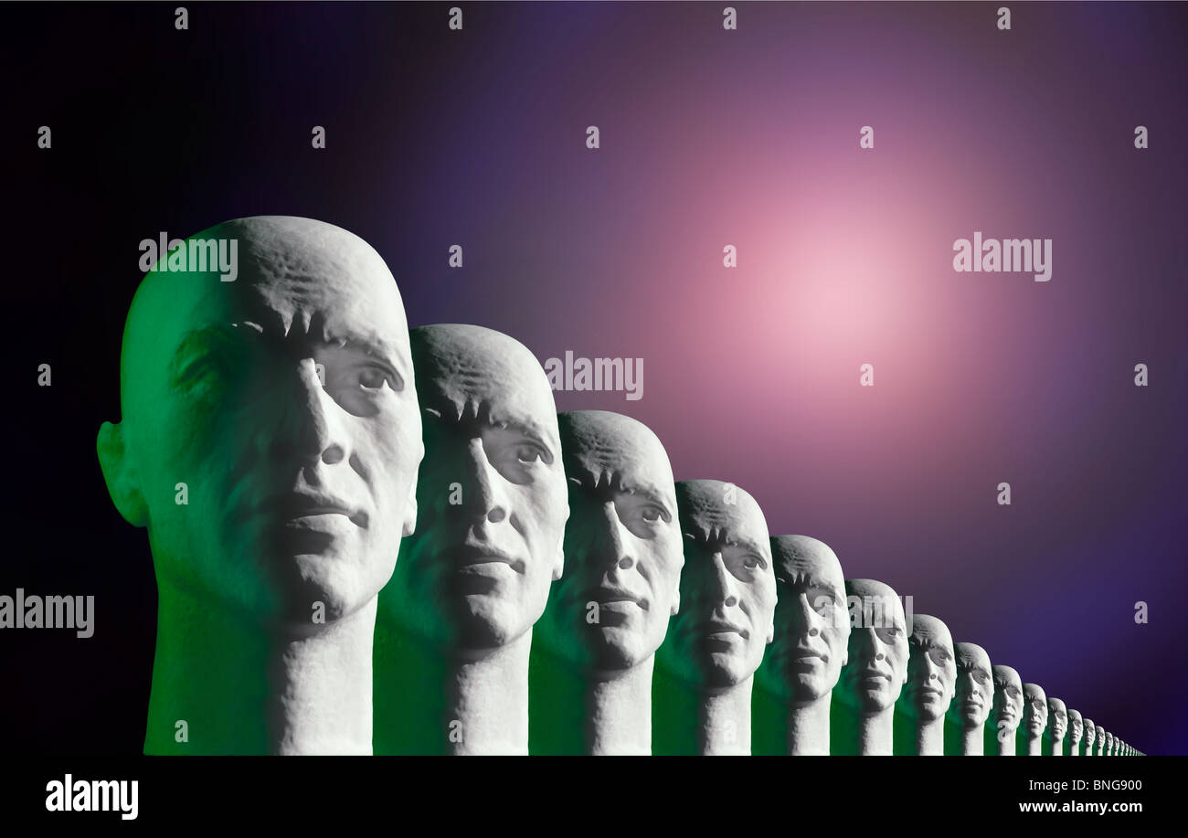 Têtes clonées (dans ce cas, une succession de têtes de mannequins identiques). Banque D'Images